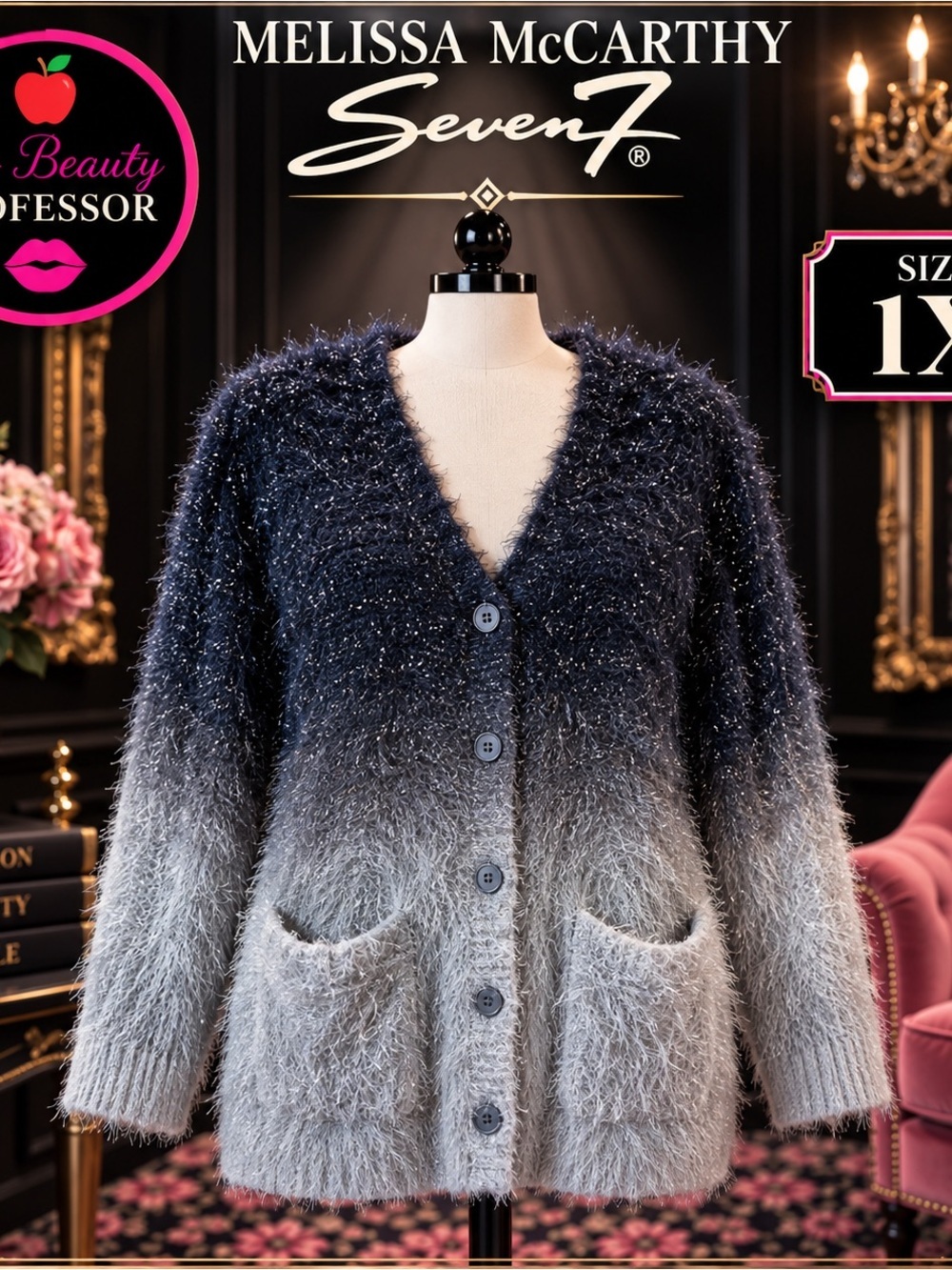 Melissa McCarthy Seven7 1X Navy Gray Ombré Fuzzy Sparkle Cardigan